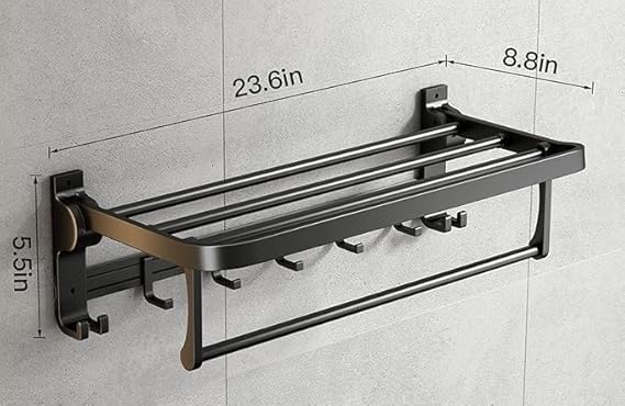 Foldable Towel Rack withTowel Bar, Wall-Mounted Towel Shelf, Matte Black,