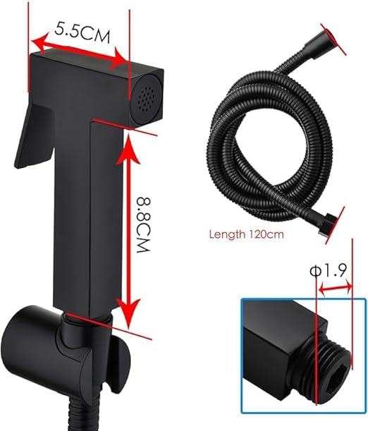 Shattaf Set, Bidet Sprayer for Toilet with 1.2m Hose and Seat for Shower and Personal Hygiene (Black)