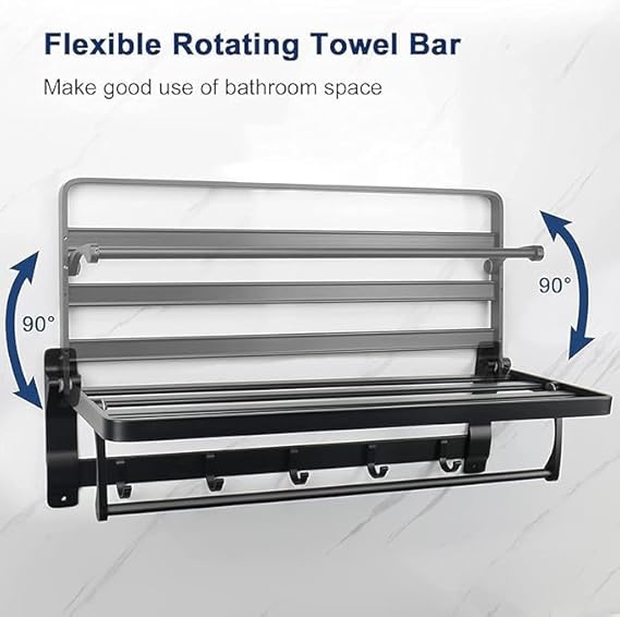 Foldable Towel Rack withTowel Bar, Wall-Mounted Towel Shelf, Matte Black,