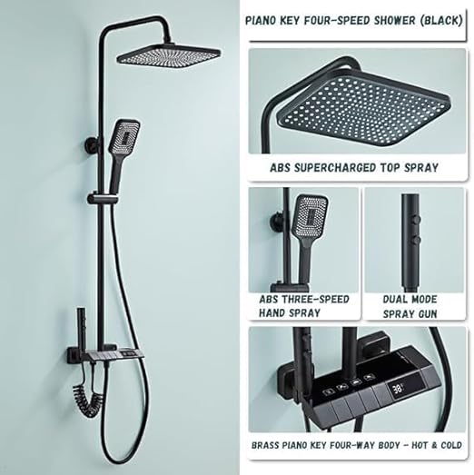 Black Shower System with LED Digital Display Shower Faucet Set Wall Mount Rain Mixer