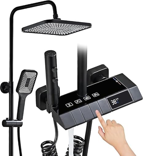 Black Shower System with LED Digital Display Shower Faucet Set Wall Mount Rain Mixer
