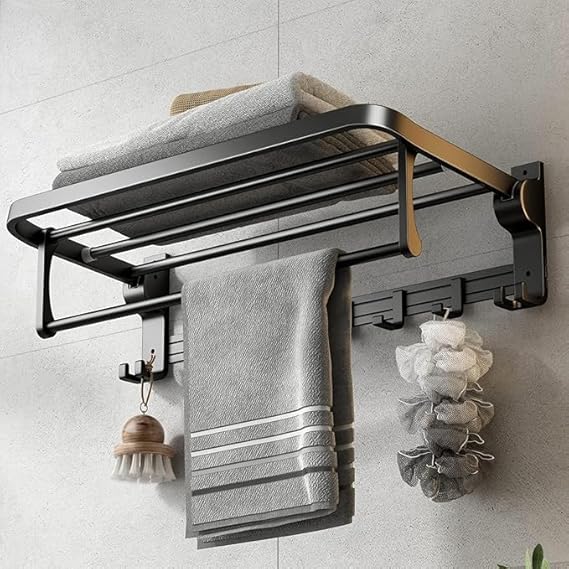 Foldable Towel Rack withTowel Bar, Wall-Mounted Towel Shelf, Matte Black,