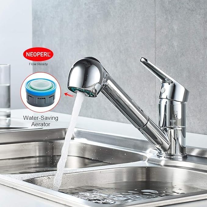 Pull-Out Kitchen Sink Tap with Hand Shower, Bar Mixer, Chrome, Silver.