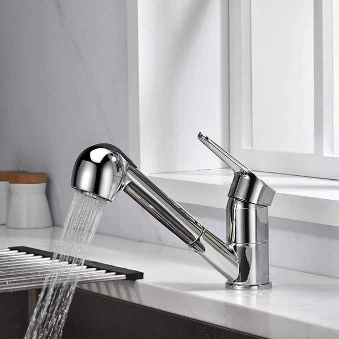 Pull-Out Kitchen Sink Tap with Hand Shower, Bar Mixer, Chrome, Silver.