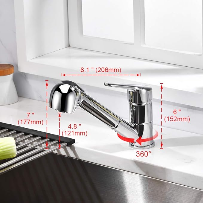 Pull-Out Kitchen Sink Tap with Hand Shower, Bar Mixer, Chrome, Silver.