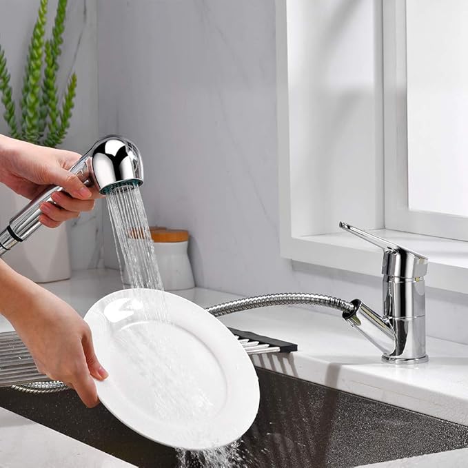 Pull-Out Kitchen Sink Tap with Hand Shower, Bar Mixer, Chrome, Silver.